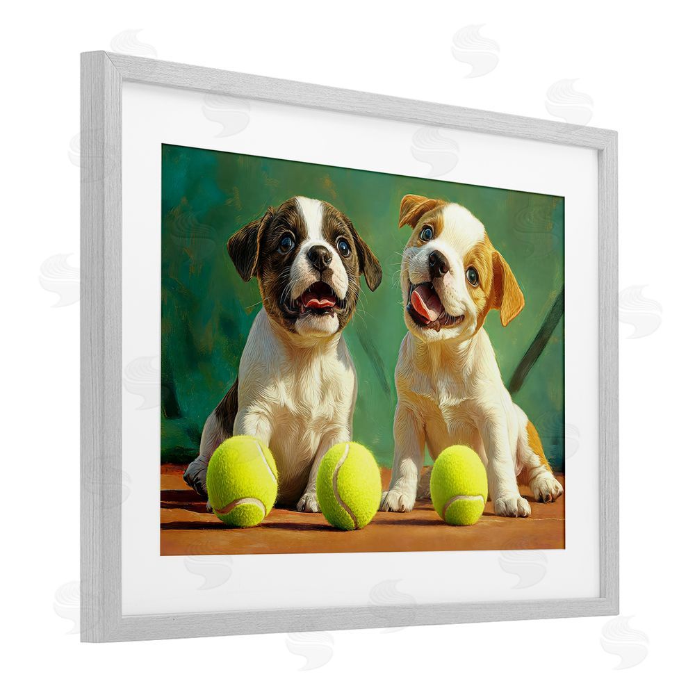 Imagine It Images Adorable Puppies with Tennis Balls Gray Framed Print Under Glass Wall Art