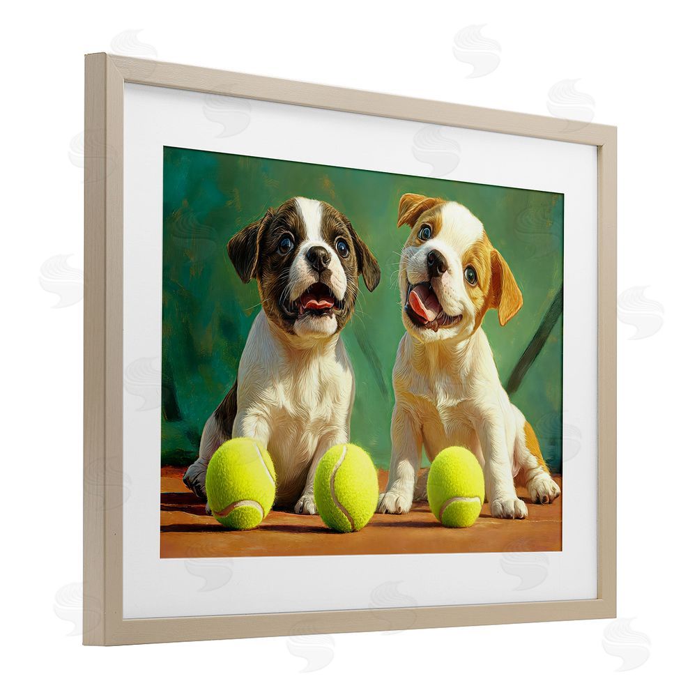 Imagine It Images Adorable Puppies with Tennis Balls Brown Framed Print Under Glass Wall Art