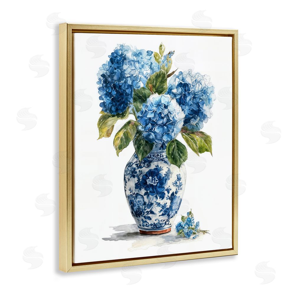 Imagine It Images Porcelain Vase with Hydrangea Bouquet Gold Floating Frame Canvas Wall Art Print