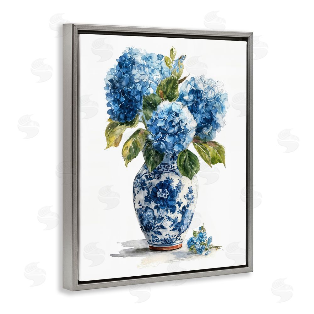 Imagine It Images Porcelain Vase with Hydrangea Bouquet Gray Floating Frame Canvas Wall Art Print