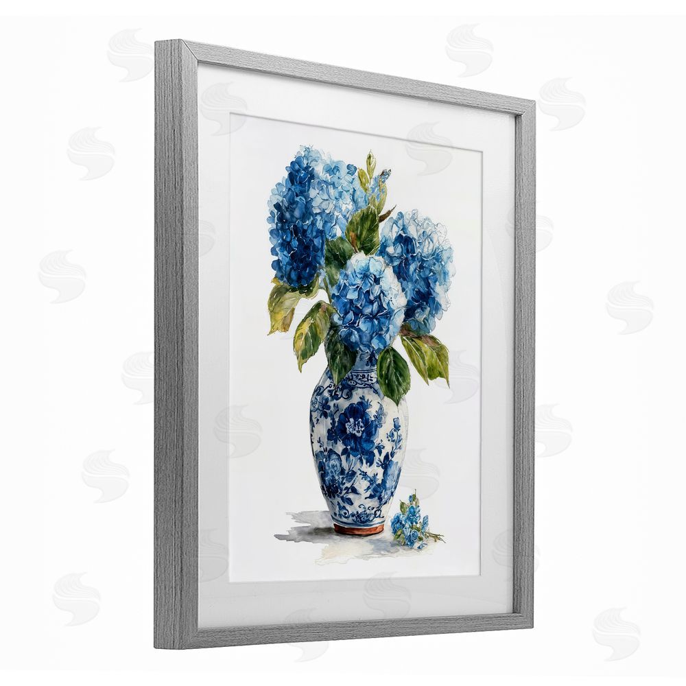 Imagine It Images Porcelain Vase with Hydrangea Bouquet Gray Framed Print Under Glass Wall Art