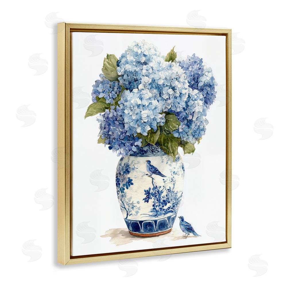 Imagine It Images Blue Bird & Hydrangea Vase Gold Floating Frame Canvas Wall Art Print