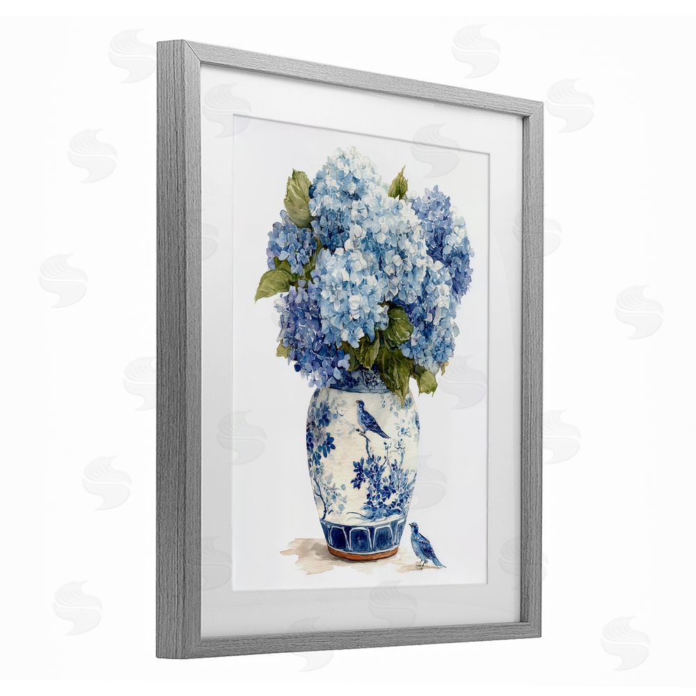 Imagine It Images Blue Bird & Hydrangea Vase Gray Framed Print Under Glass Wall Art