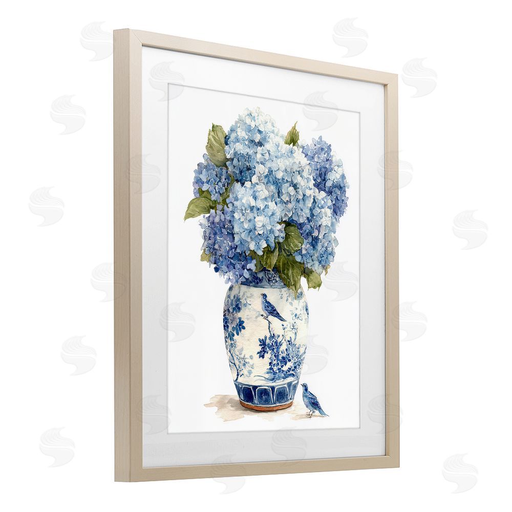 Imagine It Images Blue Bird & Hydrangea Vase Brown Framed Print Under Glass Wall Art