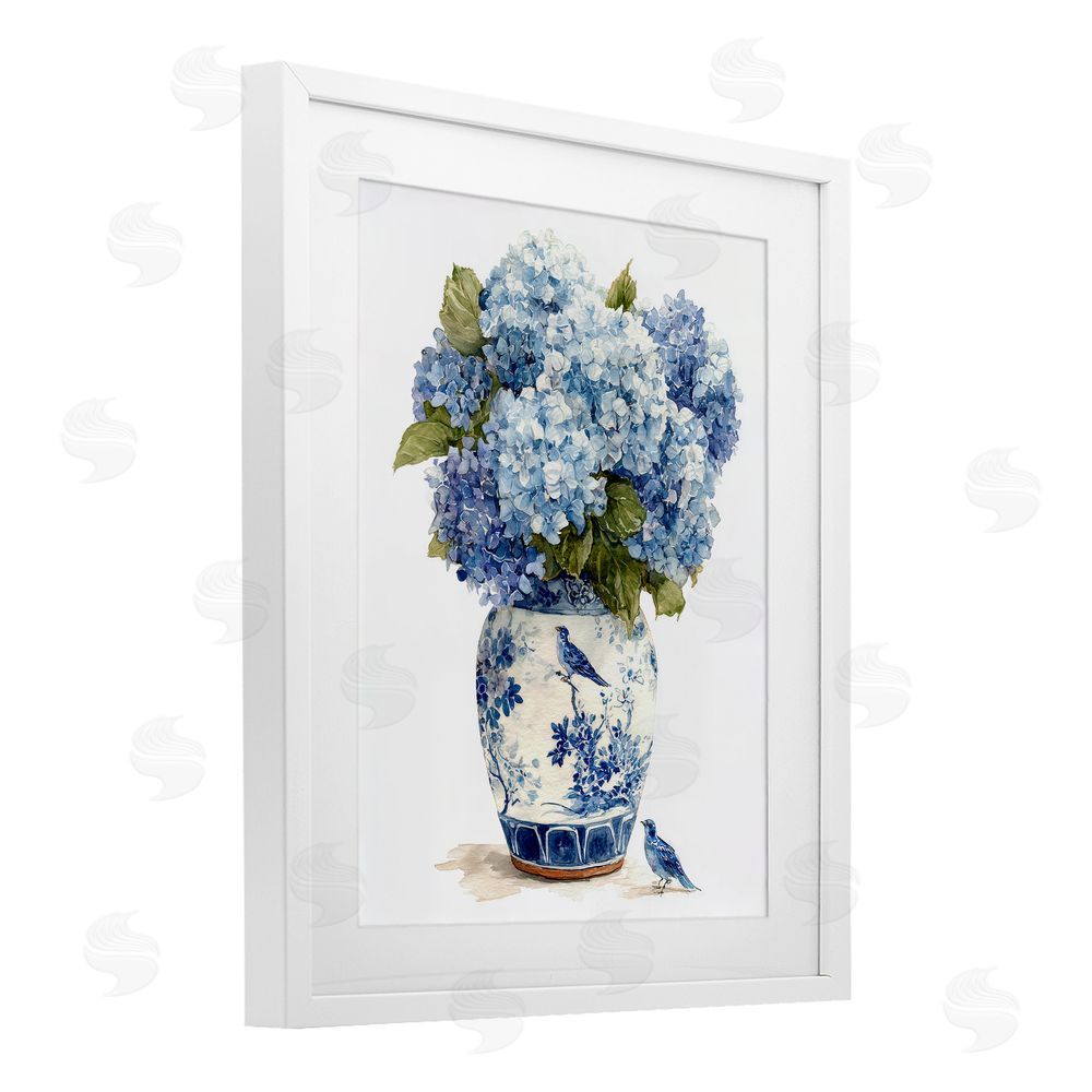Imagine It Images Blue Bird & Hydrangea Vase White Framed Print Under Glass Wall Art