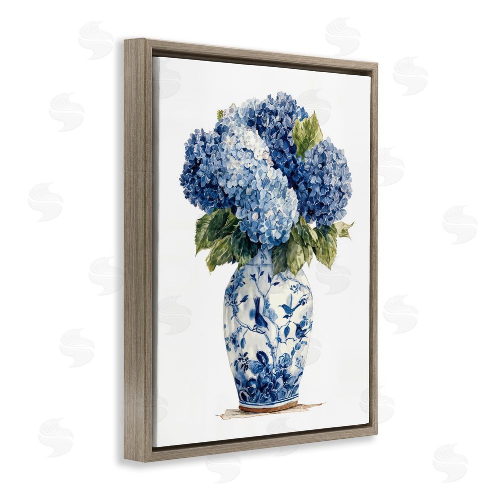 Imagine It Images Blue Hydrangeas in Porcelain Brown Floating Frame Canvas Wall Art Print