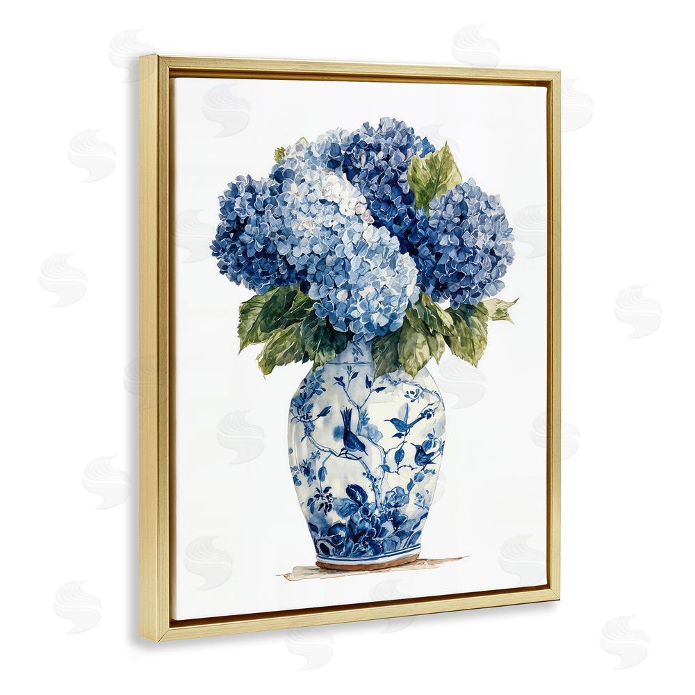 Imagine It Images Blue Hydrangeas in Porcelain Gold Floating Frame Canvas Wall Art Print