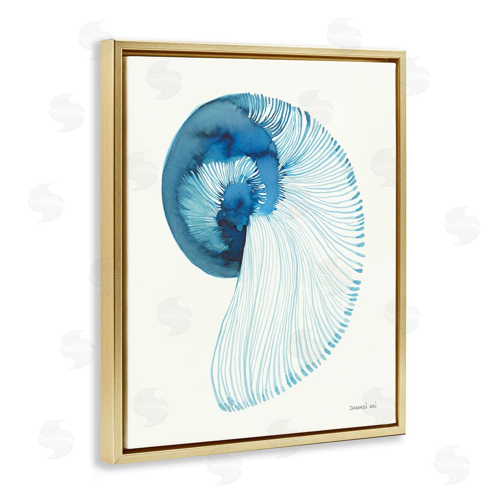 Danhui Nai Blue Watercolor Nautilus Gold Floating Frame Canvas Wall Art Print