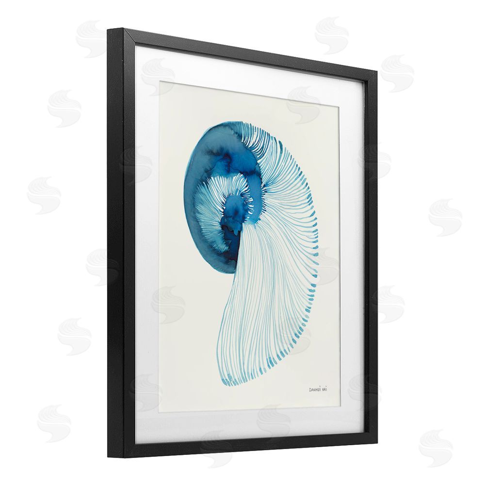 Danhui Nai Blue Watercolor Nautilus Black Framed Print Under Glass Wall Art