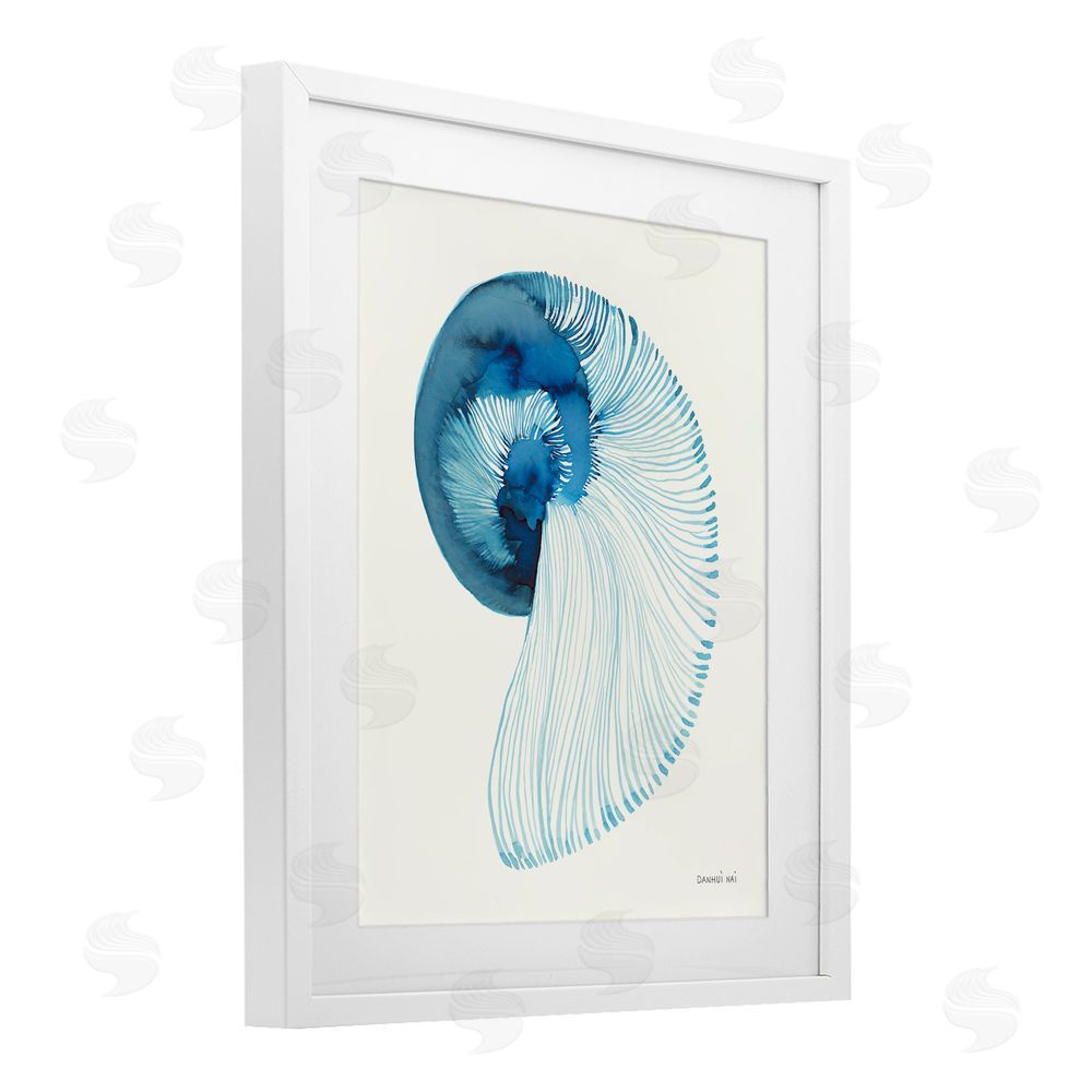 Danhui Nai Blue Watercolor Nautilus White Framed Print Under Glass Wall Art