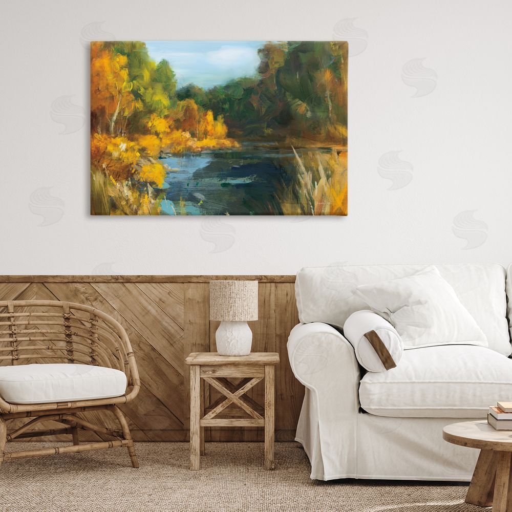 Danhui Nai Autumn River Bend Abstract Stretched Canvas Wall Art Print in Room