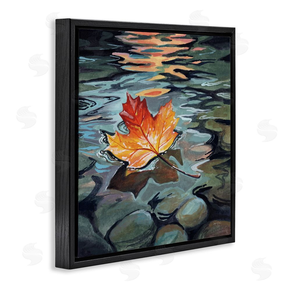 Kate Jarvik Birch Maple Leaf Floating in Stream Black Floating Framed Canvas Wall Art