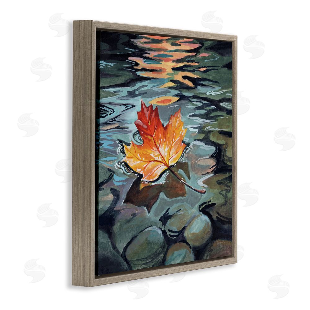 Kate Jarvik Birch Maple Leaf Floating in Stream Brown Floating Framed Canvas Wall Art
