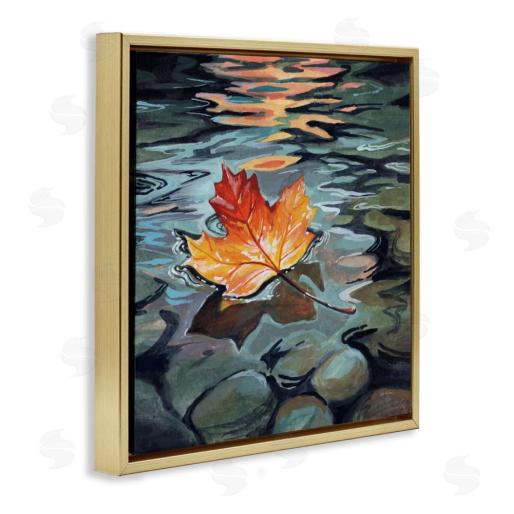 Kate Jarvik Birch Maple Leaf Floating in Stream Gold Floating Framed Canvas Wall Art