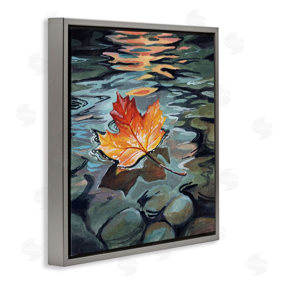 Kate Jarvik Birch Maple Leaf Floating in Stream Gray Floating Framed Canvas Wall Art