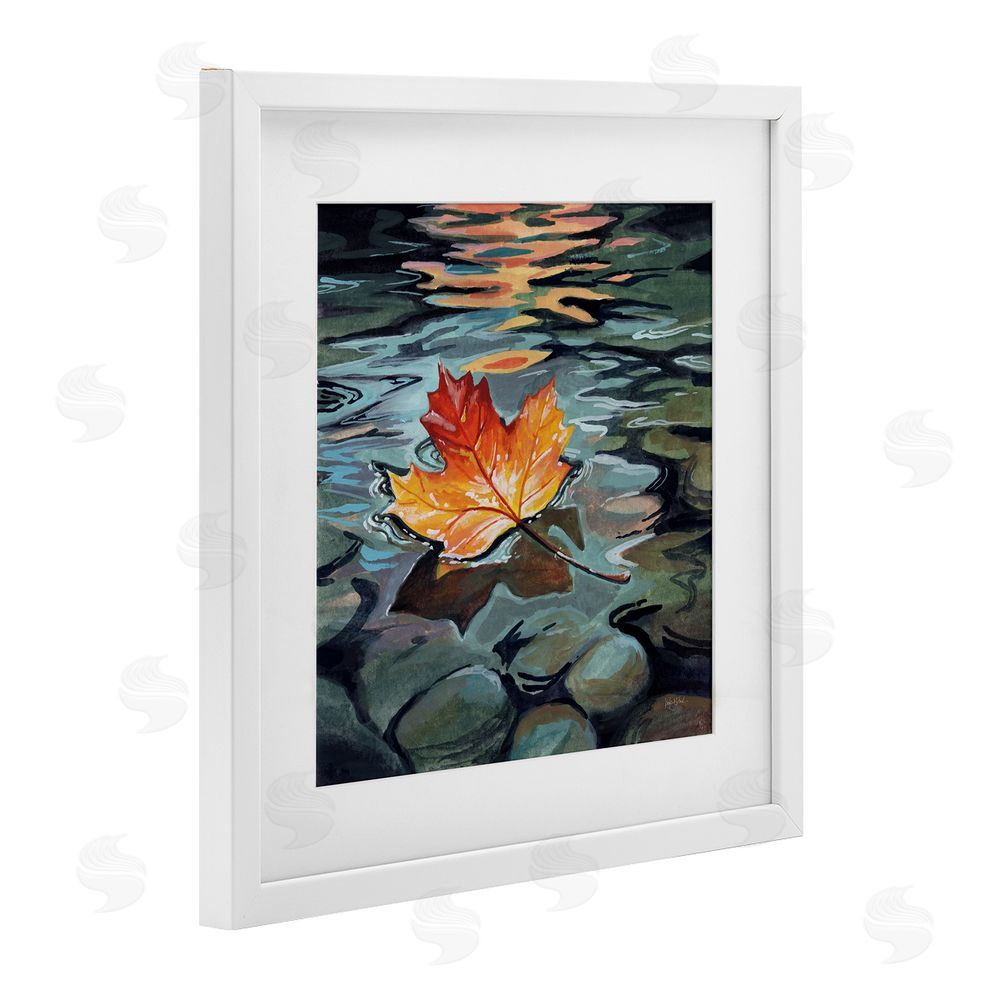 Kate Jarvik Birch Maple Leaf Floating in Stream White Framed Print Under Glass Wall Art