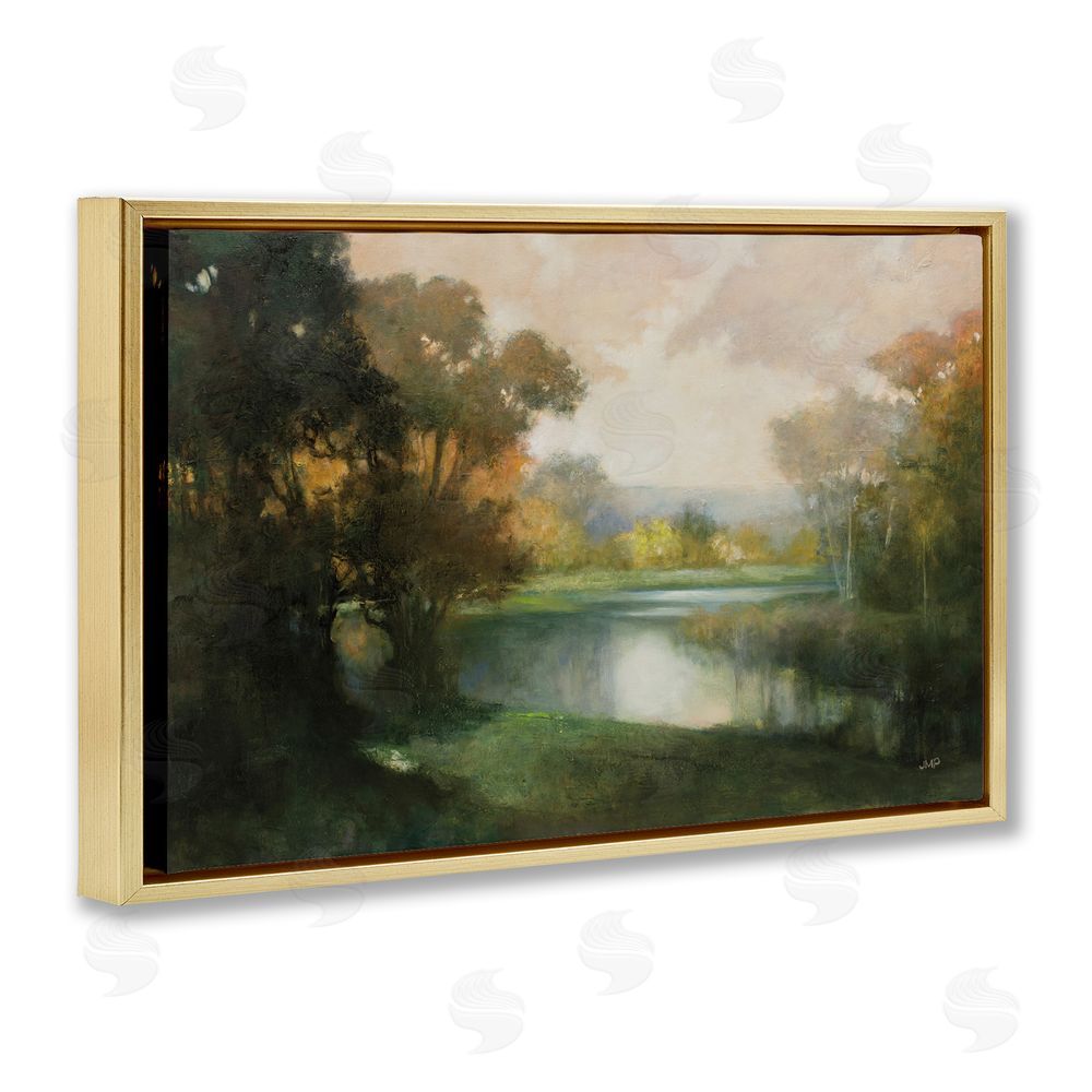 Julia Purinton Lakeside Morning in Autumn Light Gold Floating Framed Canvas Wall Art