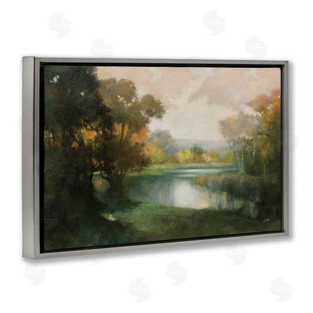 Julia Purinton Lakeside Morning in Autumn Light Gray Floating Framed Canvas Wall Art