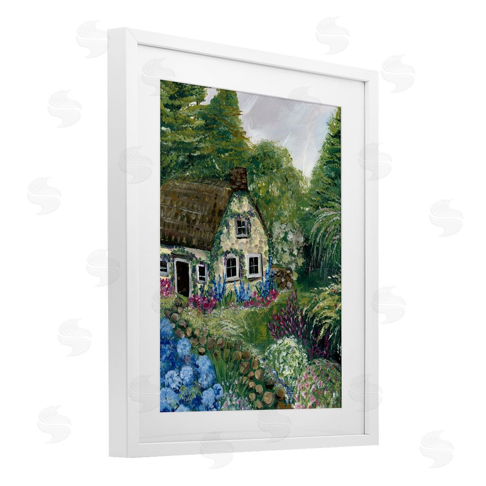Yvette St. Amant Charming Country Cottage Path White Framed Print Under Glass Wall Art