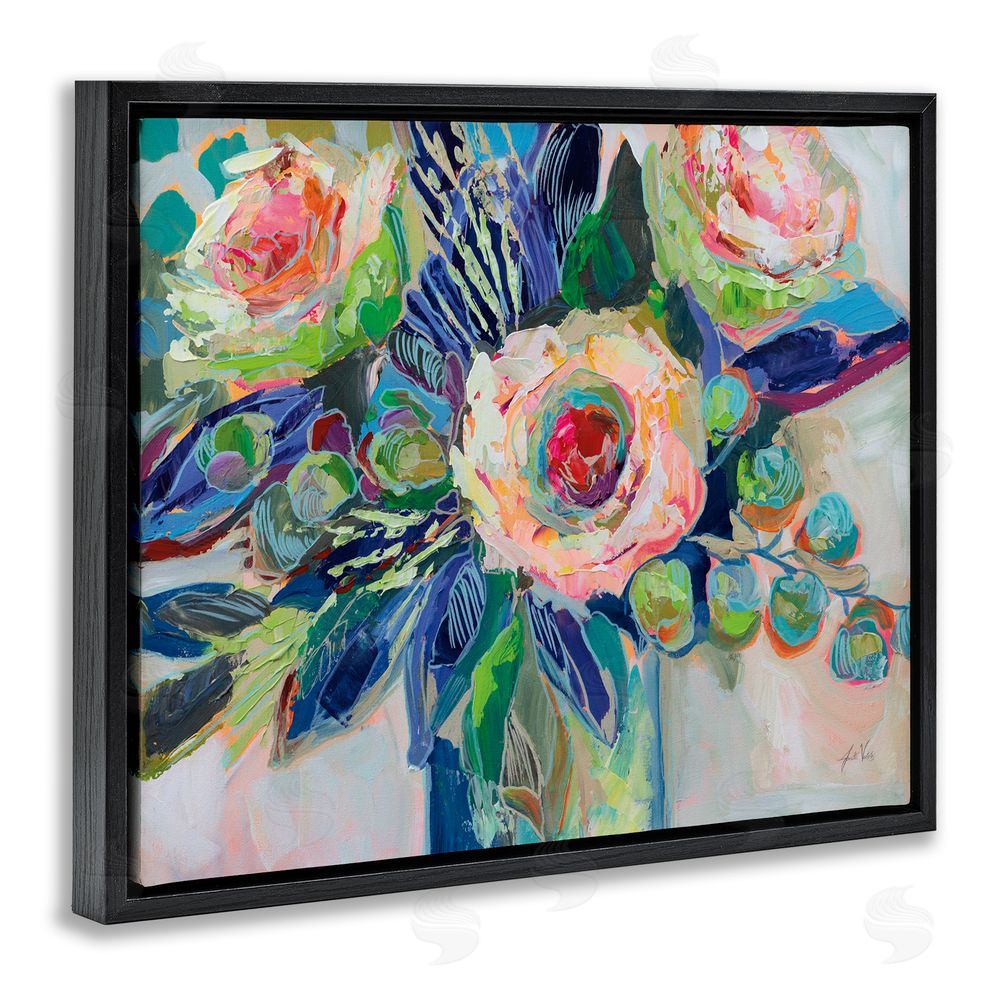 Jeanette Vertentes Centered Triple Blooms Black Floating Frame Canvas Wall Art Print