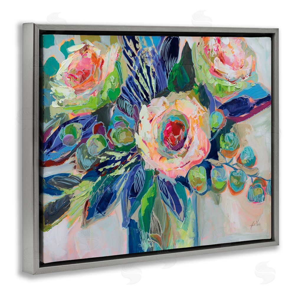 Jeanette Vertentes Centered Triple Blooms Gray Floating Frame Canvas Wall Art Print