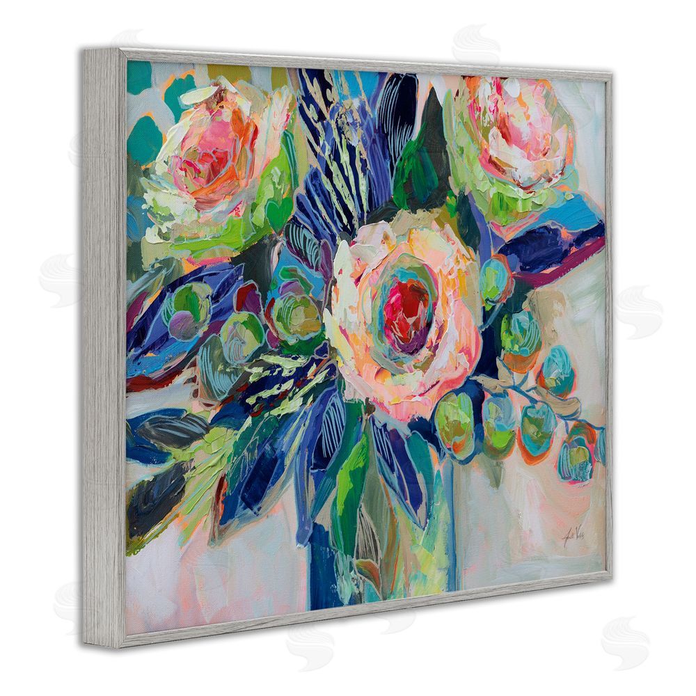 Jeanette Vertentes Centered Triple Blooms Gray Framed Giclee Wall Art Print