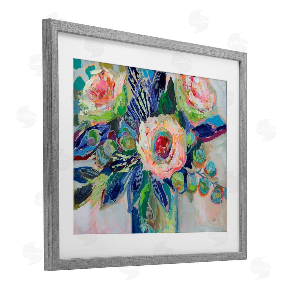 Jeanette Vertentes Centered Triple Blooms Gray Framed Print Under Glass Wall Art