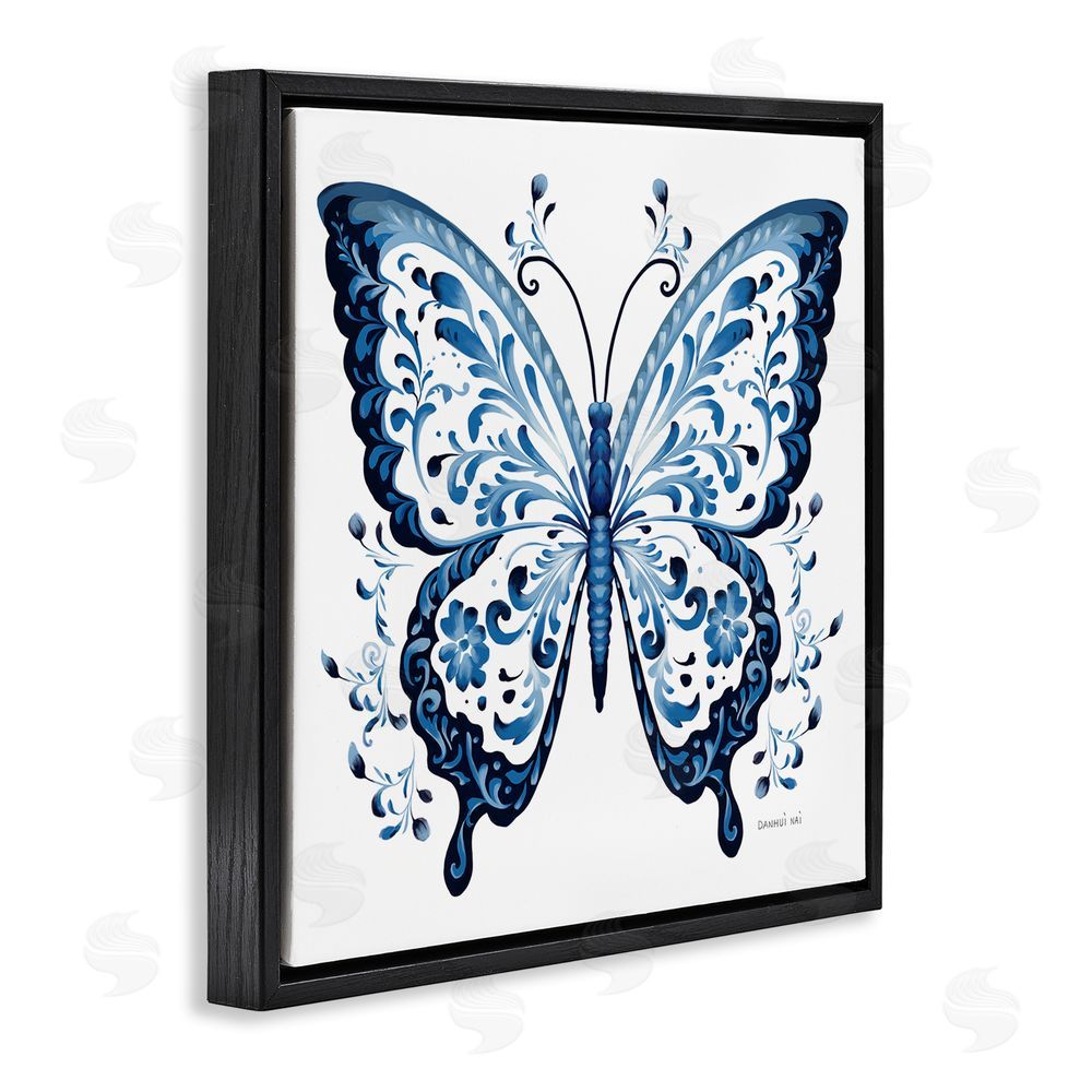 Danhui Nai Blue Butterfly Boho Pattern Black Floating Frame Canvas Wall Art Print