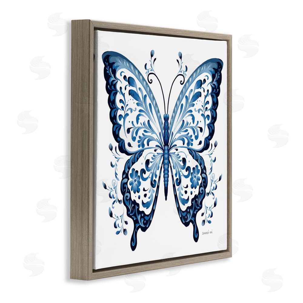 Danhui Nai Blue Butterfly Boho Pattern Brown Floating Frame Canvas Wall Art Print