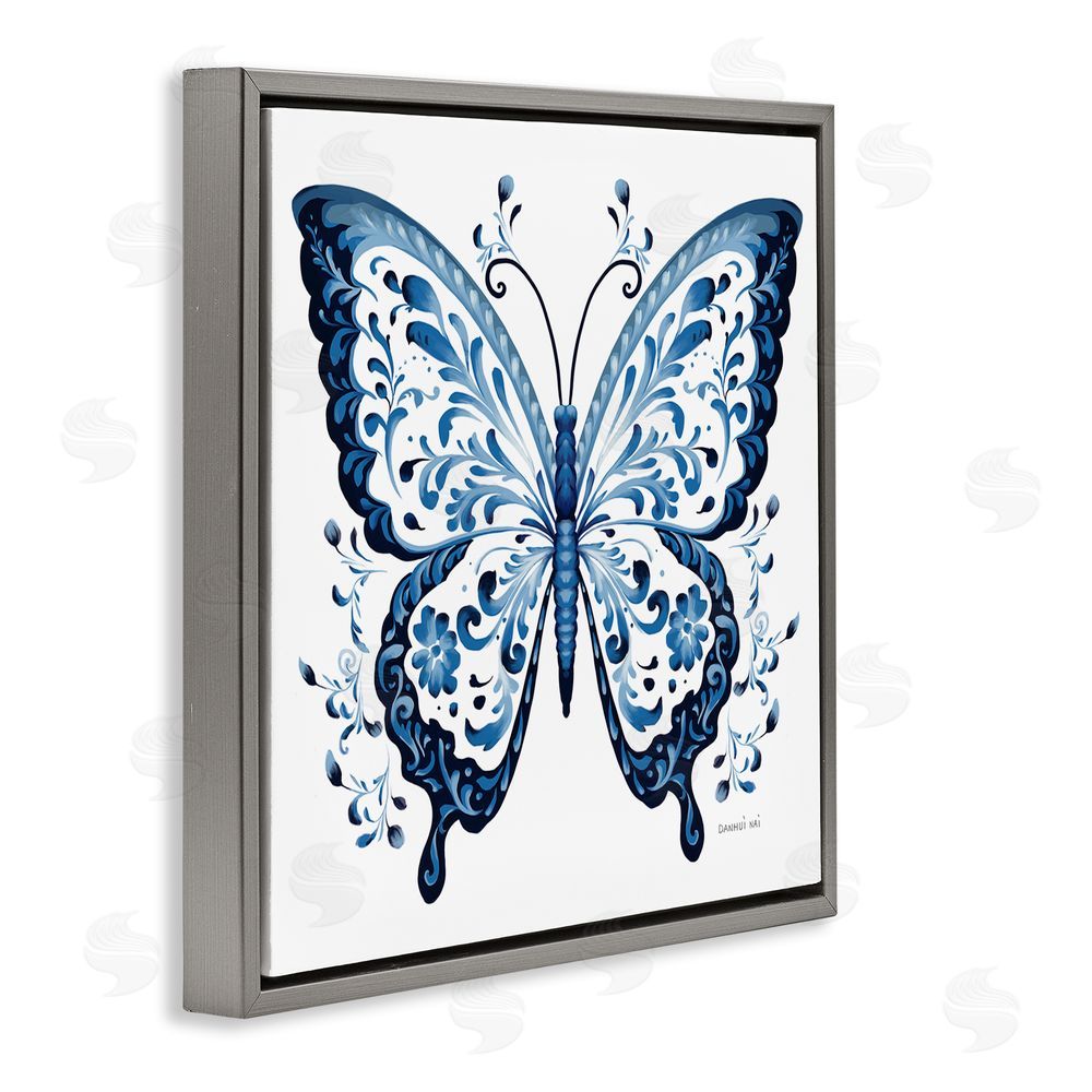 Danhui Nai Blue Butterfly Boho Pattern Gray Floating Frame Canvas Wall Art Print