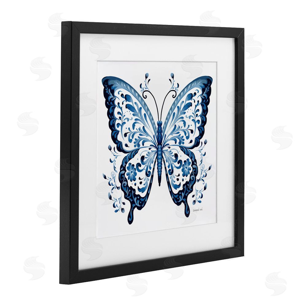 Danhui Nai Blue Butterfly Boho Pattern Black Framed Print Under Glass Wall Art