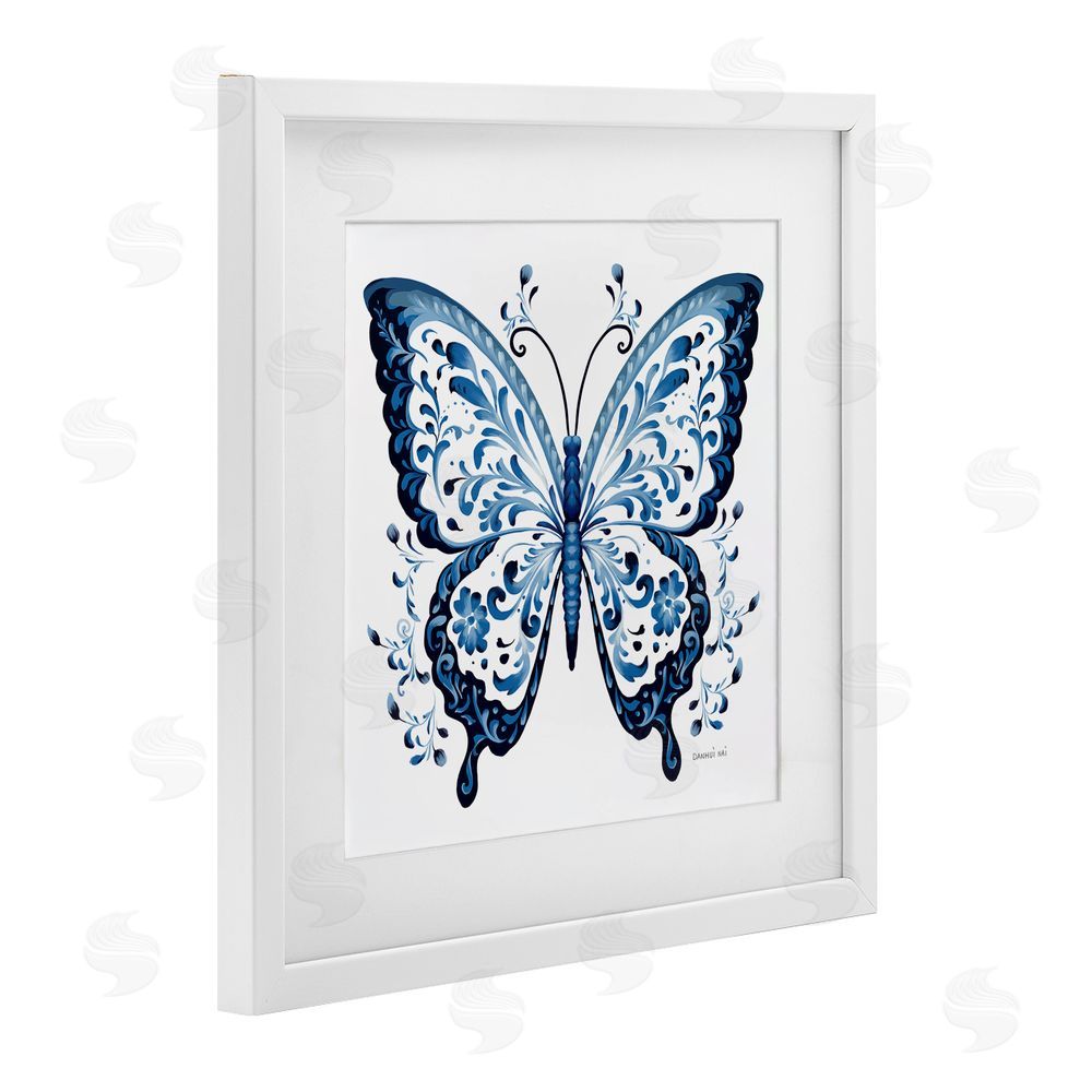 Danhui Nai Blue Butterfly Boho Pattern White Framed Print Under Glass Wall Art