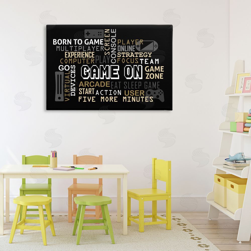 Kim Allen Game On Gamer Typography Stretched Canvas Wall Art in Room