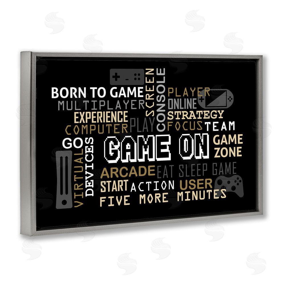 Kim Allen Game On Gamer Typography Gray Floating Frame Canvas Wall Art Print