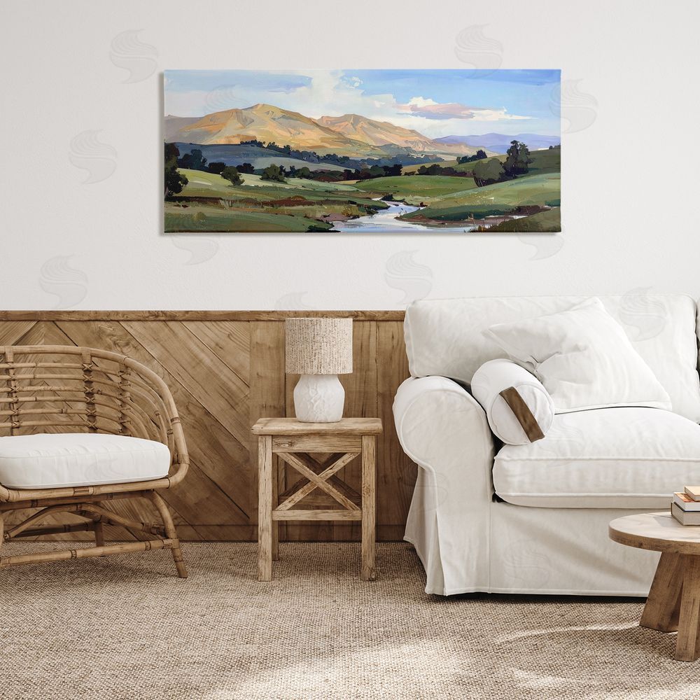 Alonza Saunders Winding River Across Valley Stretched Canvas Wall Art in Room