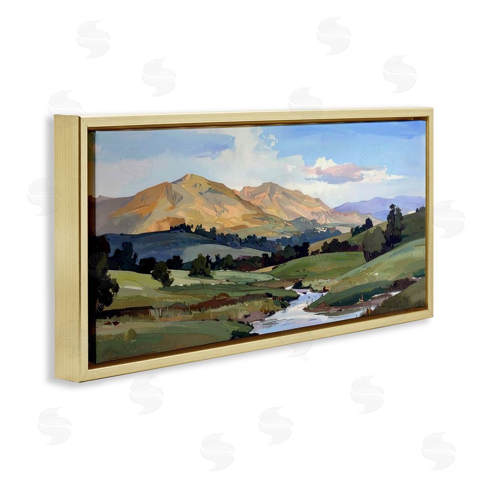 Alonza Saunders Winding River Across Valley Gold Floating Frame Canvas Wall Art Print