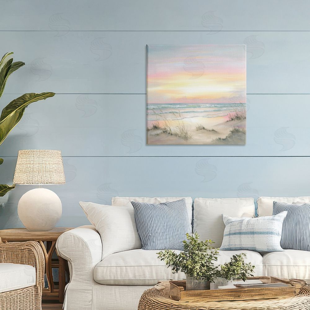 Georgia Janisse Pastel Calm Morning Beach Stretched Canvas Wall Art in Room