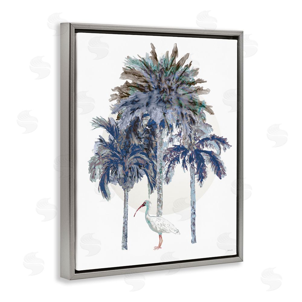 Stellar Design Studio Tropical Palm Trio & Ibis Gray Floating Frame Canvas Wall Art Print