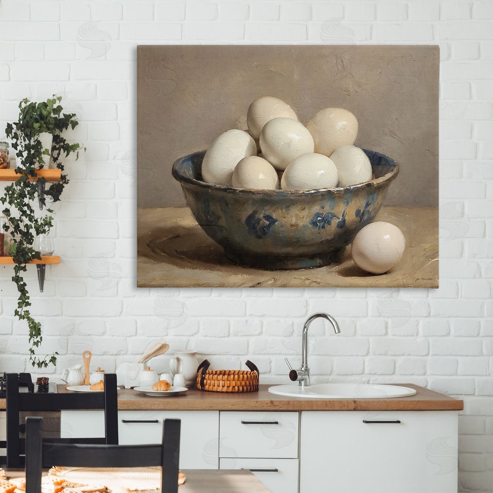 Jo Moulton Farmhouse Eggs in Porcelain Bowl Stretched Canvas Wall Art in Room