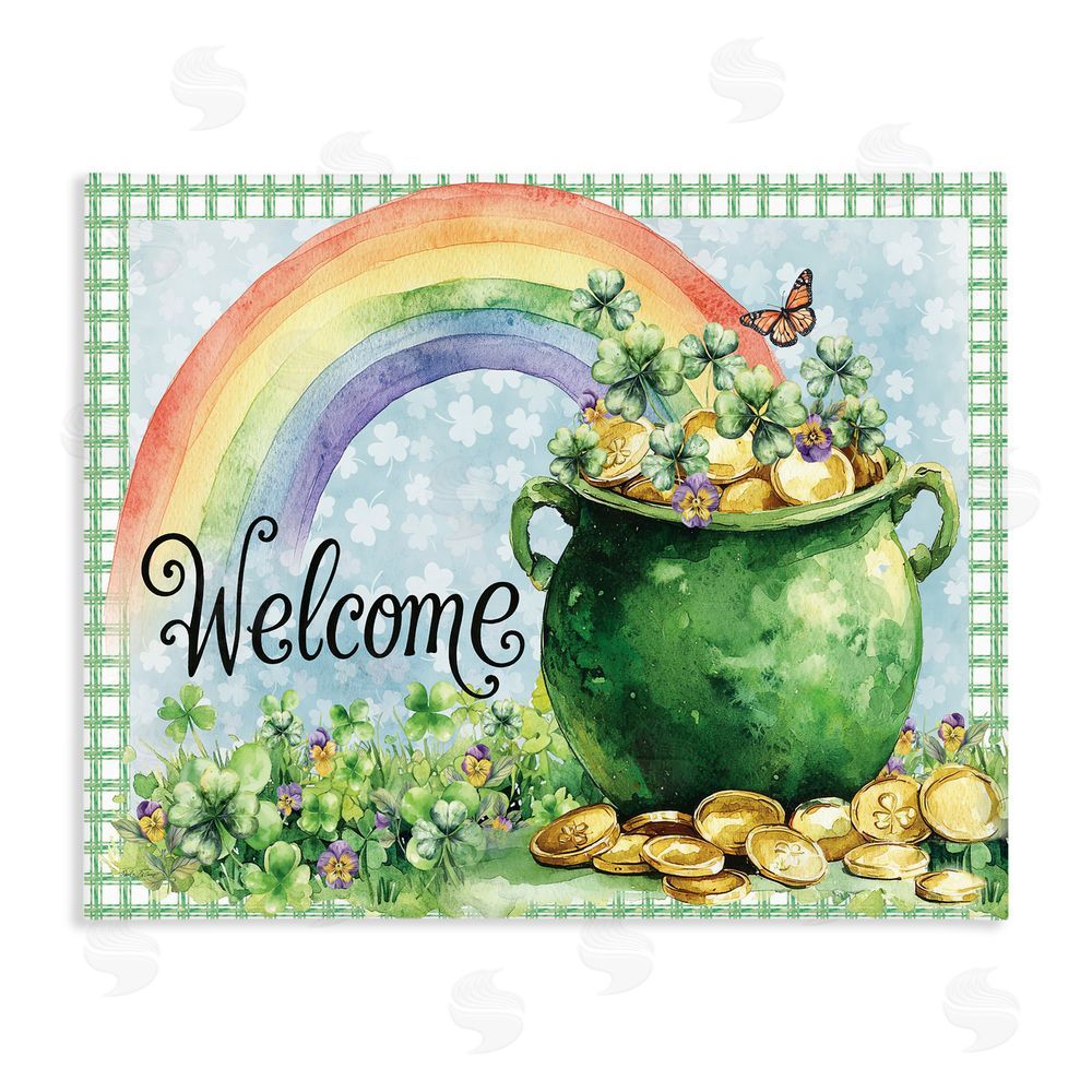 Nicole DeCamp Welcome Rainbow Pot Of Gold Stretched Canvas Wall Art Print