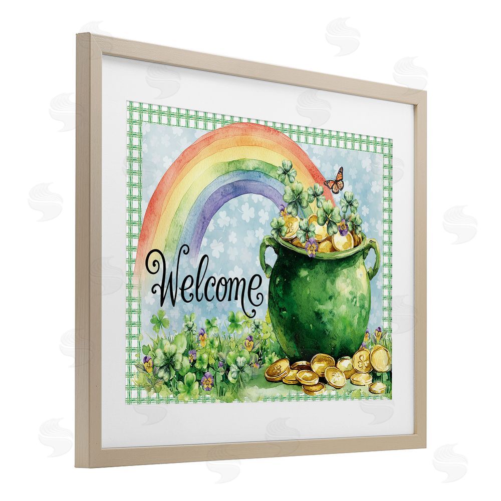 Nicole DeCamp Welcome Rainbow Pot Of Gold Brown Framed Print Under Glass Wall Art