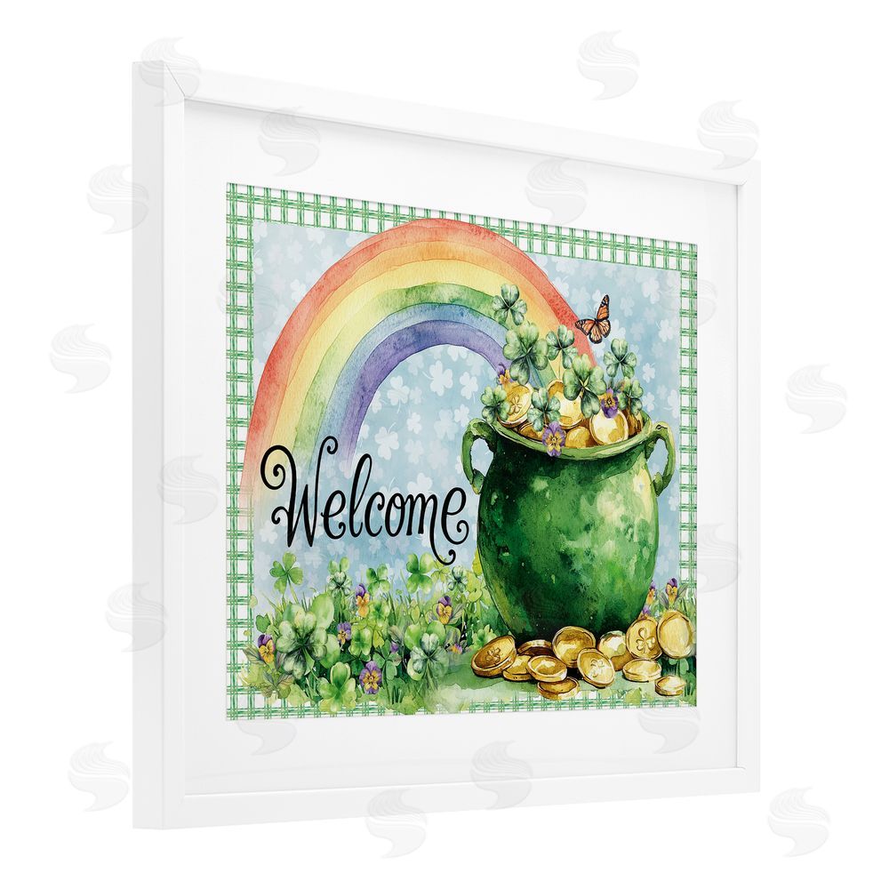 Nicole DeCamp Welcome Rainbow Pot Of Gold White Framed Print Under Glass Wall Art