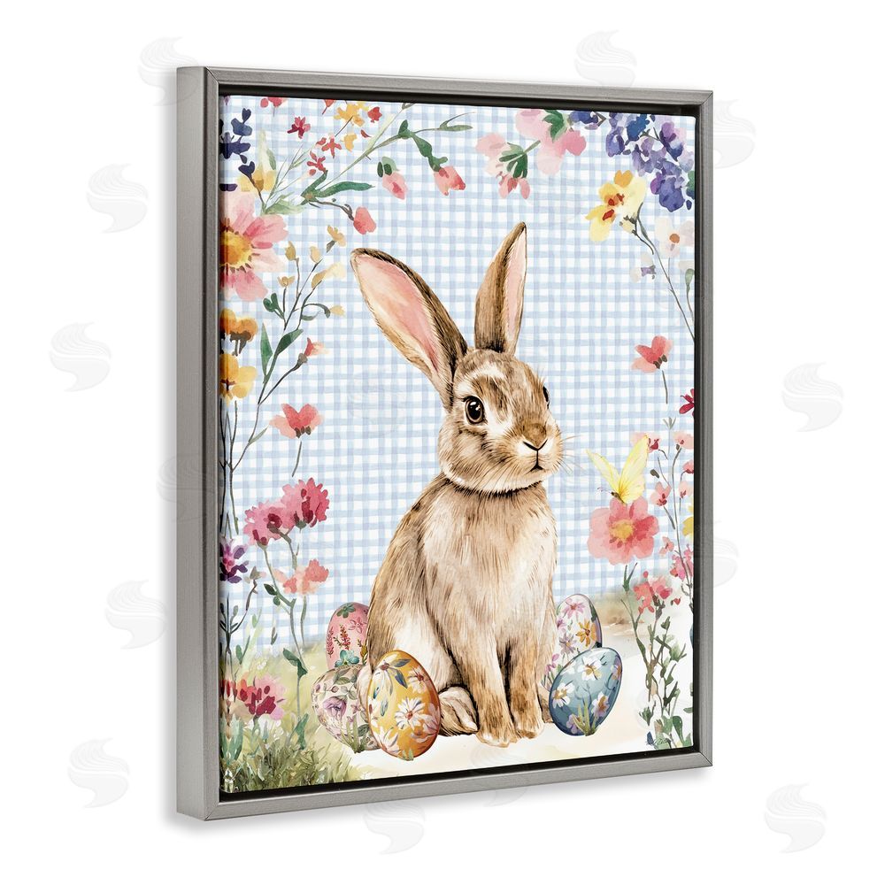 Nicole DeCamp Gingham & Bunny with Eggs Gray Floating Frame Canvas Wall Art Print