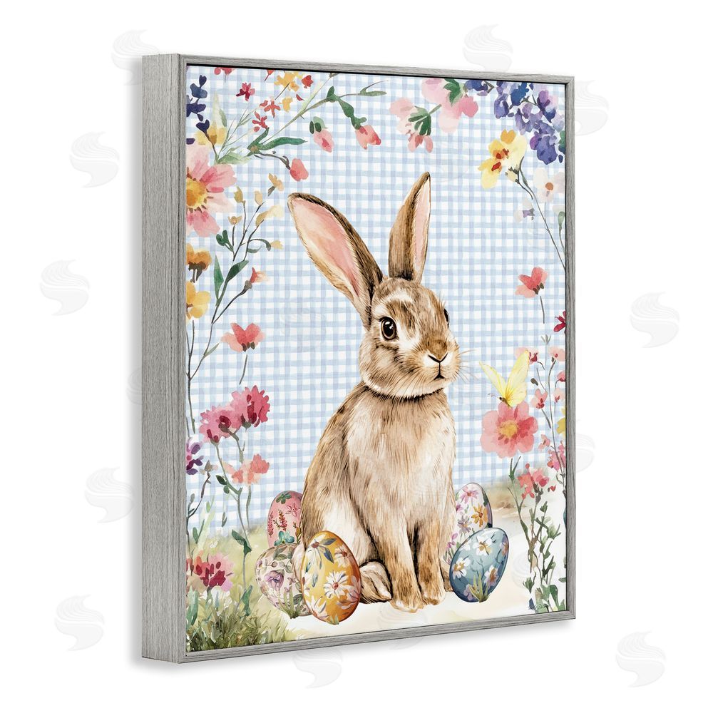 Nicole DeCamp Gingham & Bunny with Eggs Gray Framed Giclee Wall Art Print