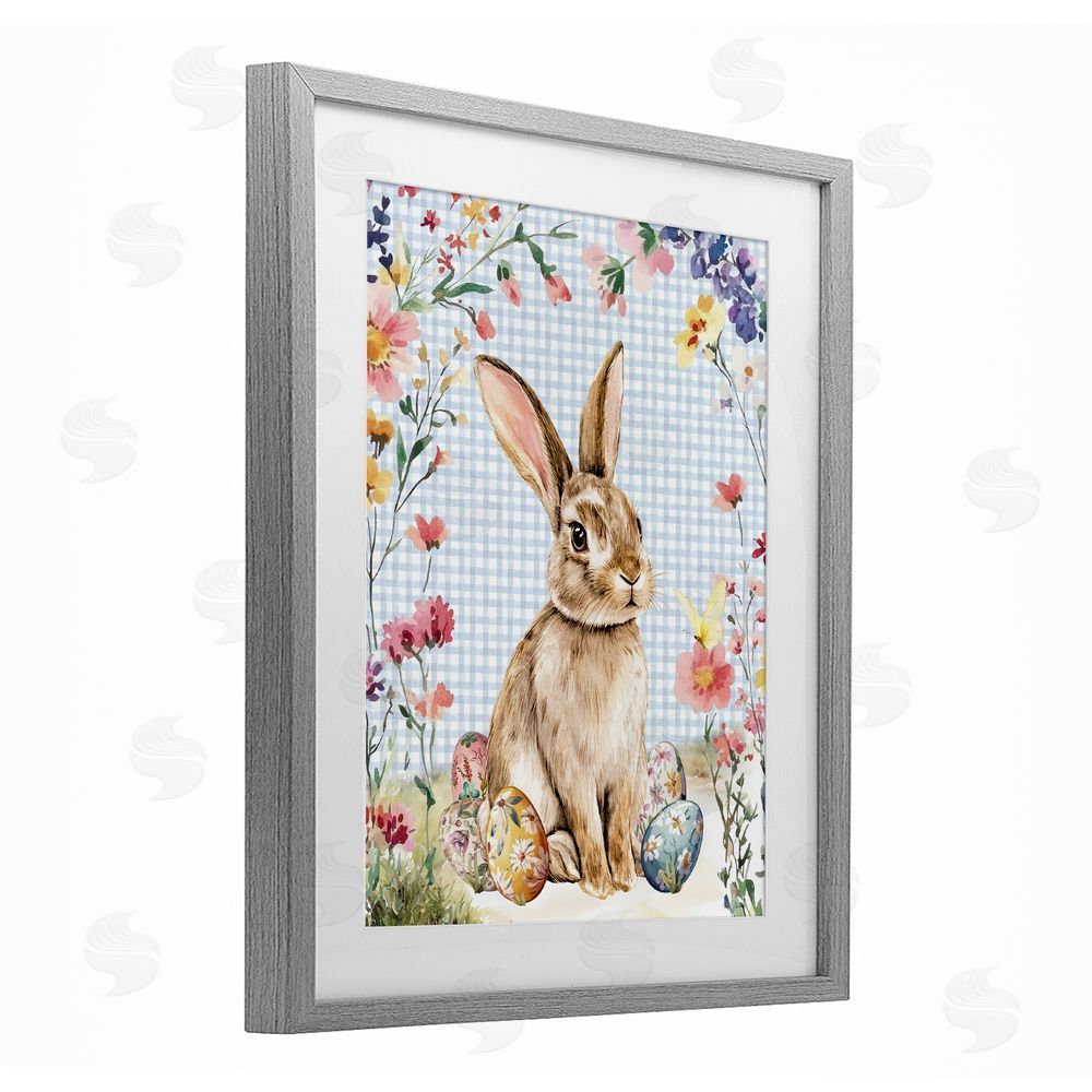 Nicole DeCamp Gingham & Bunny with Eggs Gray Framed Print Under Glass Wall Art