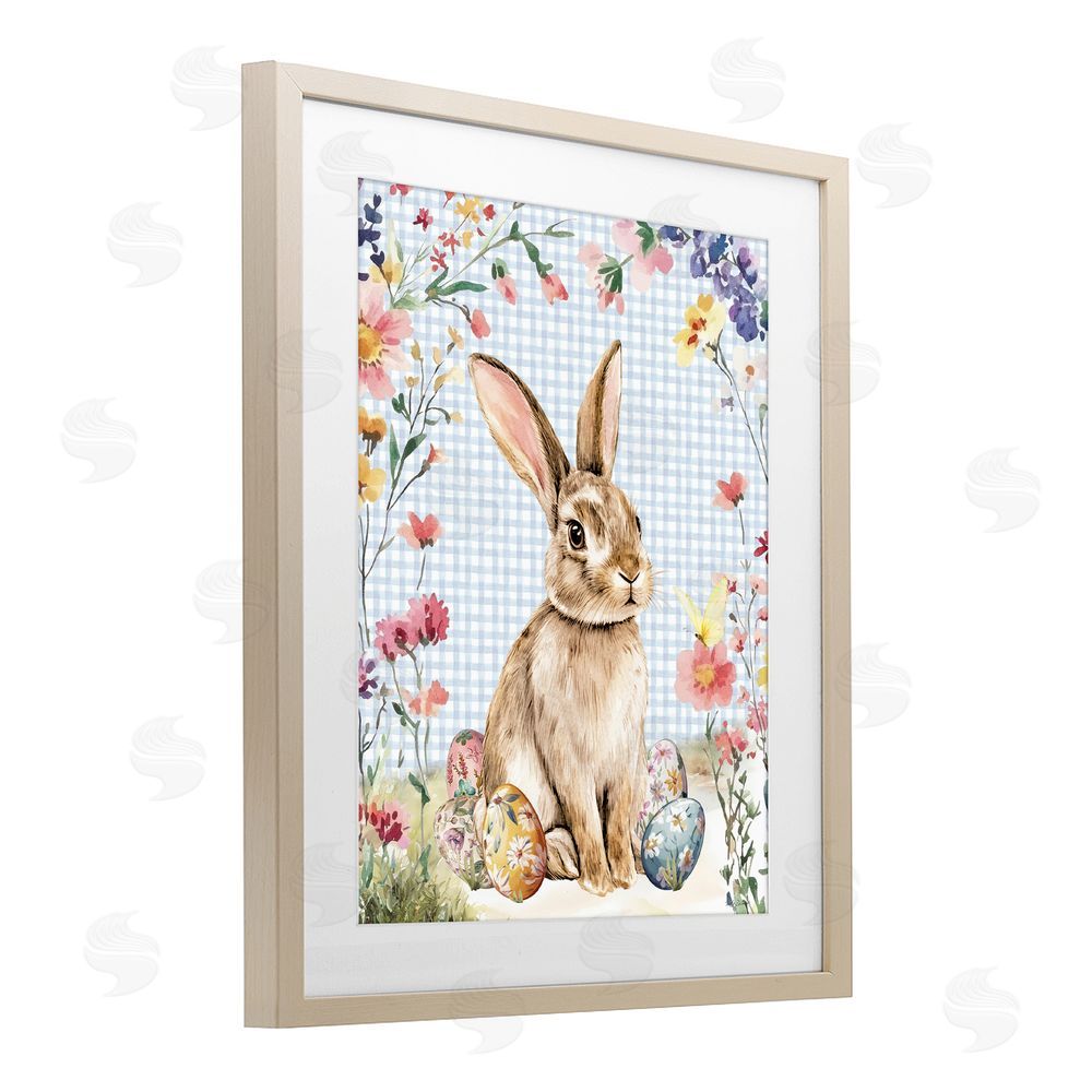 Nicole DeCamp Gingham & Bunny with Eggs Brown Framed Print Under Glass Wall Art