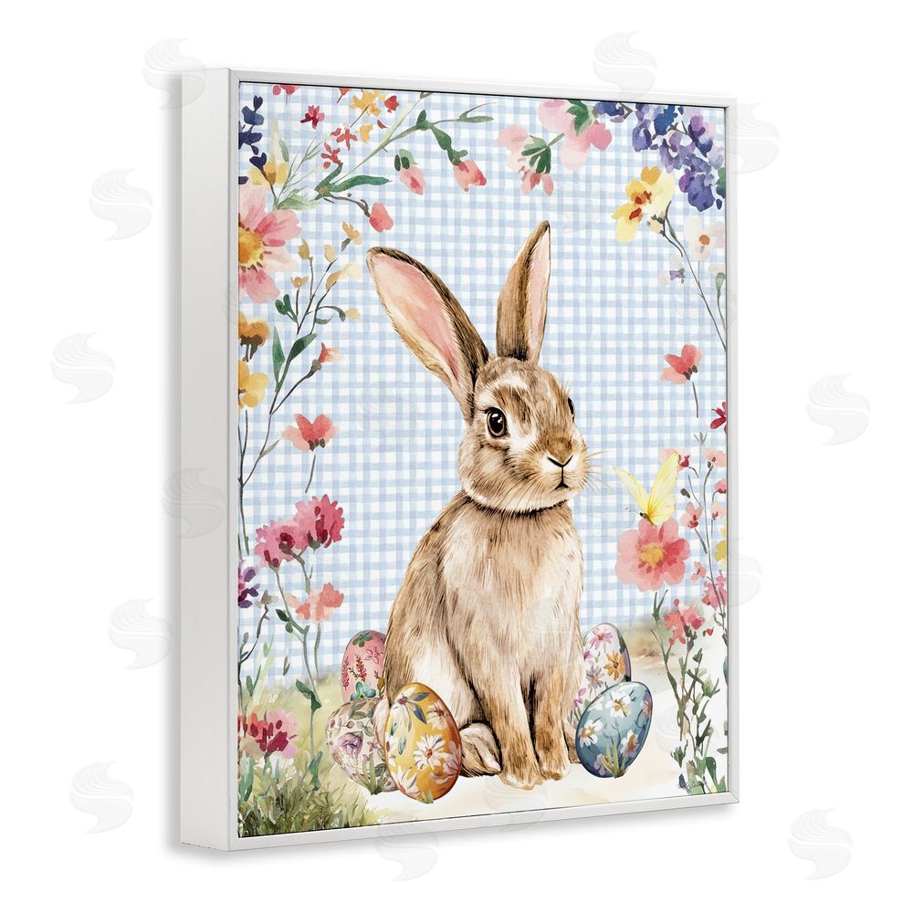 Nicole DeCamp Gingham & Bunny with Eggs White Framed Giclee Wall Art Print