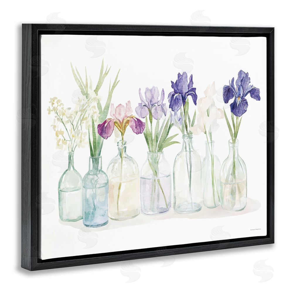 Svetlana Aleynikova Irises in Glass Bottles Black Floating Frame Canvas Wall Art Print