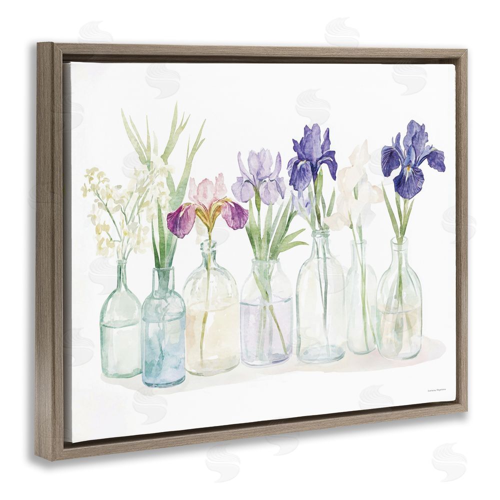 Svetlana Aleynikova Irises in Glass Bottles Brown Floating Frame Canvas Wall Art Print