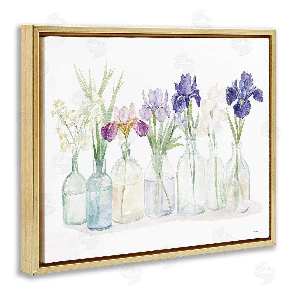 Svetlana Aleynikova Irises in Glass Bottles Gold Floating Frame Canvas Wall Art Print
